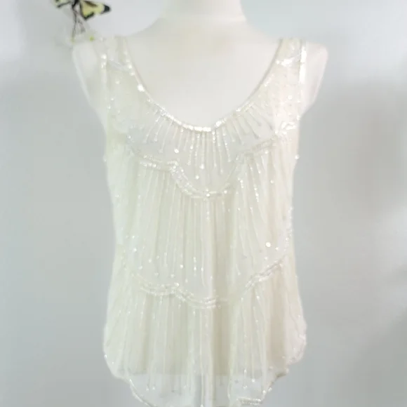 WILLOW & CLAY ANTHROPOLOGIE CREAM OFF WHITE SEQUINED BEADED SLEEVELESS TOP SZ:S - Picture 1 of 15